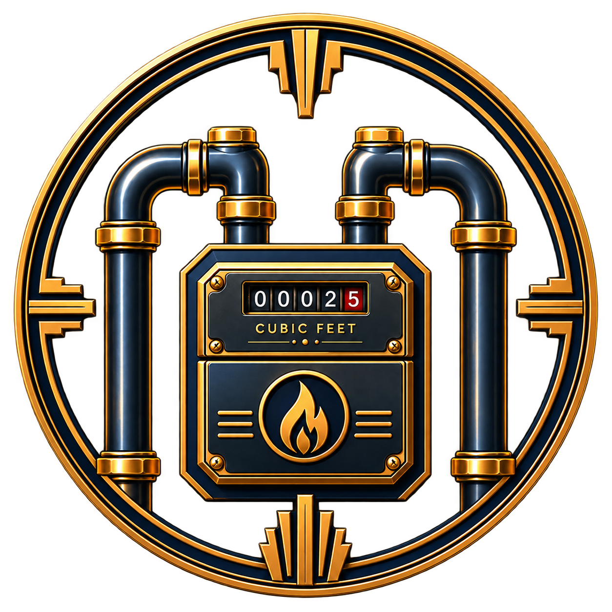 Navy and brass art deco gas meter crest with flame emblem